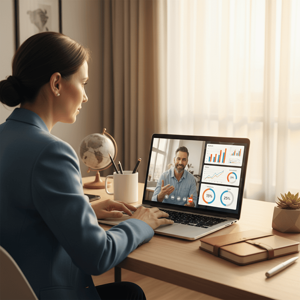 Merchant consultant on a video call with customer on laptop, business dashboard in background