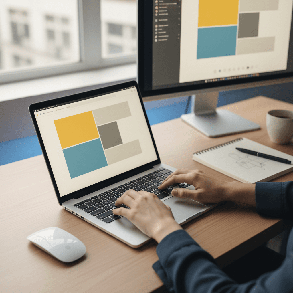 Creator developing digital product on laptop in modern workspace