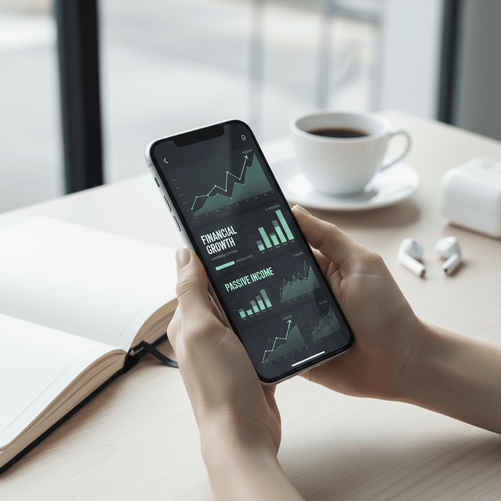 Hands holding smartphone displaying financial growth charts and passive income analytics with natural desk lighting