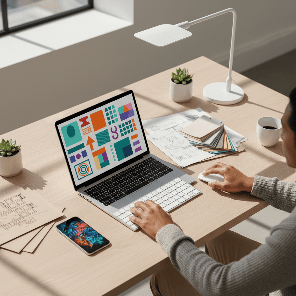 Digital creator working on content strategy at laptop in modern home office